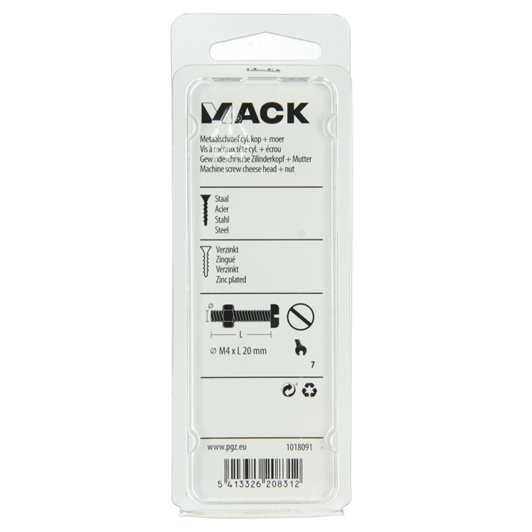 Mack 1018091 - metaalschroef cyl. kop + moer verz. 55 st m4 x 20 mm | 5 stuks