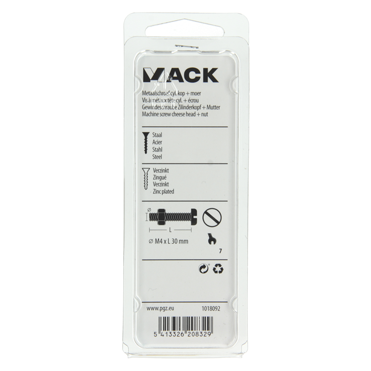 Mack 1018092 - metaalschroef cyl. kop + moer verz. 40 st m4 x 30 mm | 5 stuks