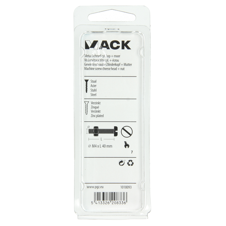 Mack 1018093 - metaalschroef cyl. kop + moer verz. 34 st m4 x 40 mm | 5 stuks