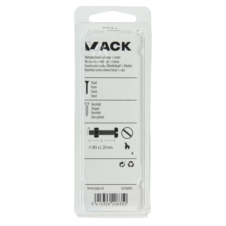 Mack 1018094 - metaalschroef cyl. kop + moer verz. 38 st m5 x 20 mm | 5 stuks