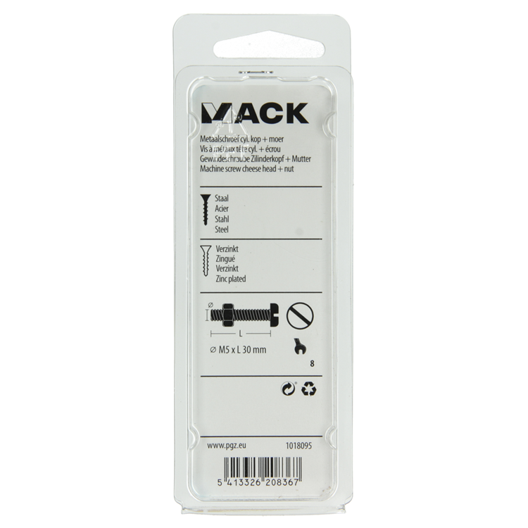 Mack 1018095 - metaalschroef cyl. kop + moer verz. 28 st m5 x 30 mm | 5 stuks