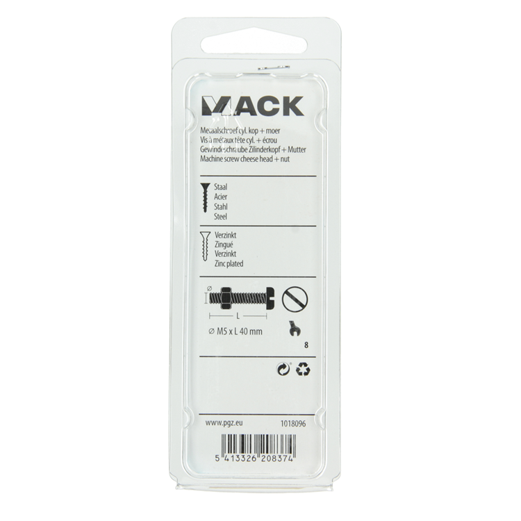 Mack 1018096 - metaalschroef cyl. kop + moer verz .25 st m5 x 40 mm | 5 stuks