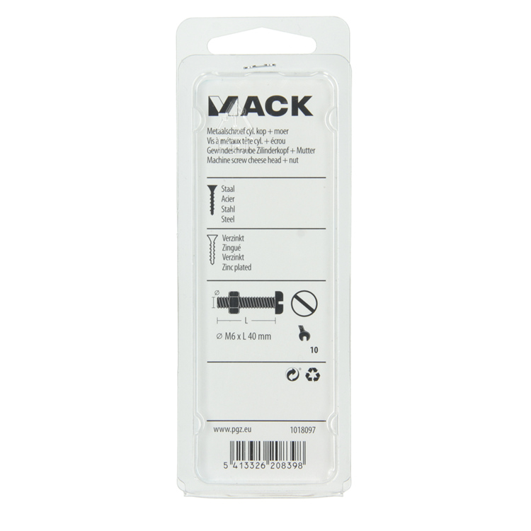 Mack 1018097 - metaalschroef cyl. kop + moer verz. 16 st m6 x 40 mm | 5 stuks