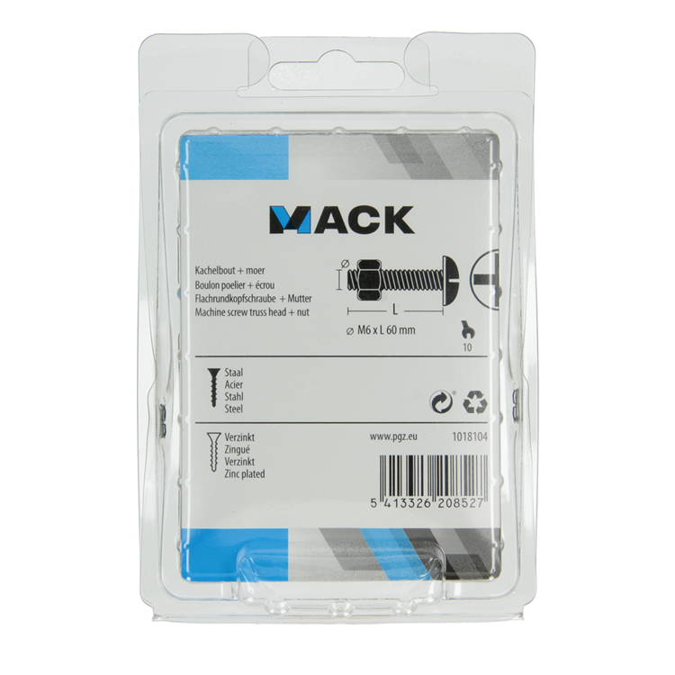 Mack 1018104 - kachelbout + moer staal verzinkt 22 st m6 x 60 mm | 5 stuks