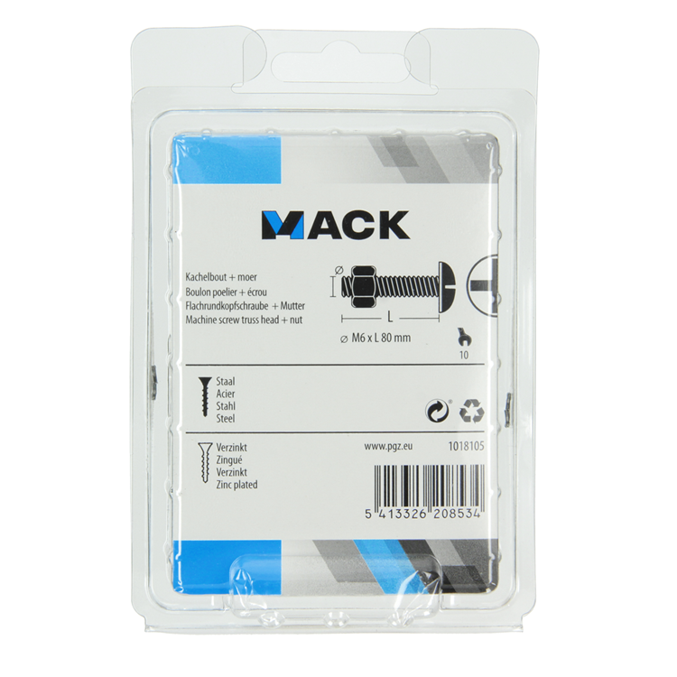 Mack 1018105 - kachelbout + moer staal verzinkt 18 st m6 x 80 mm | 5 stuks