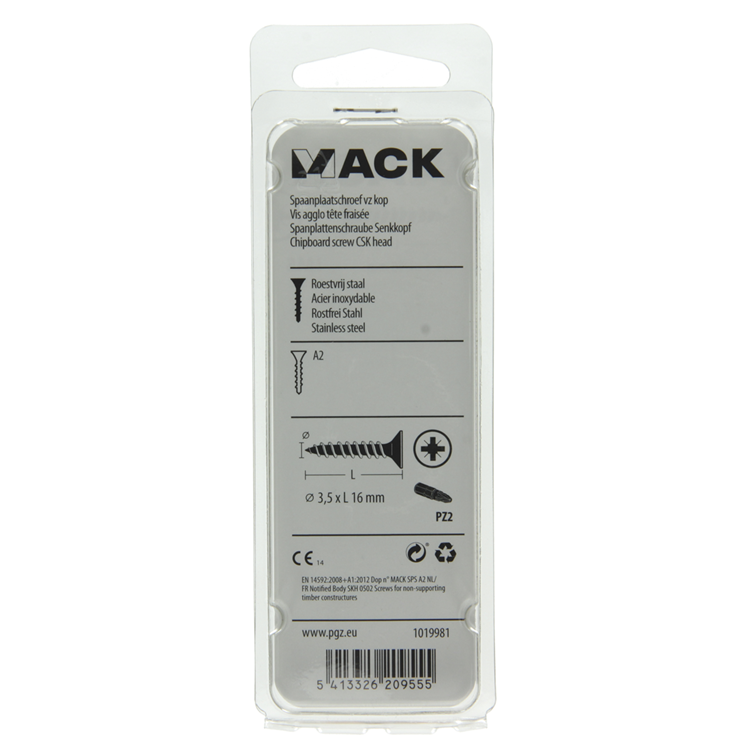 Mack 1019981 - spaanplaatschroef vz kop rvs 110 st 3,5 x 16 mm | 5 stuks