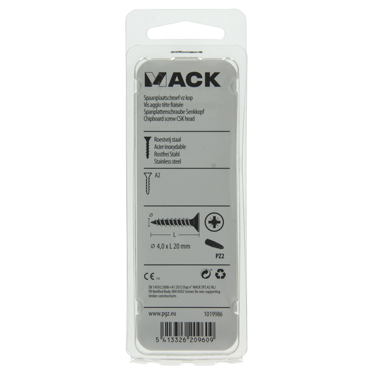 Mack 1019986 - spaanplaatschroef vz kop rvs 80 st 4,0 x 20 mm | 5 stuks