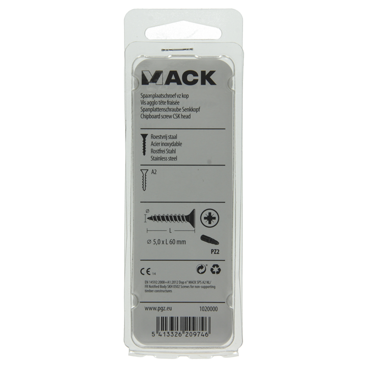 Mack 1020000 - spaanplaatschroef vz kop rvs 20 st 5,0 x 60 mm | 5 stuks