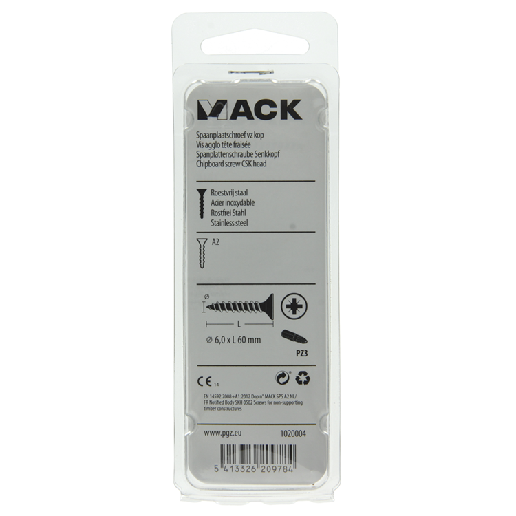 Mack 1020004 - spaanplaatschroef vz kop rvs 16 st 6,0 x 60 mm | 5 stuks