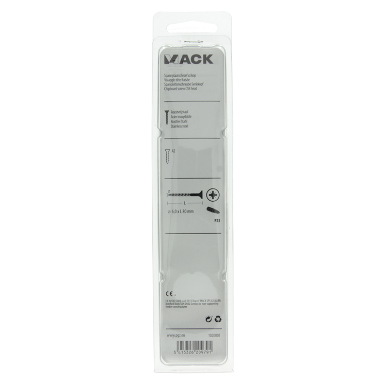 Mack 1020005 - spaanplaatschroef vz kop rvs 12 st 6,0 x 80 mm | 5 stuks