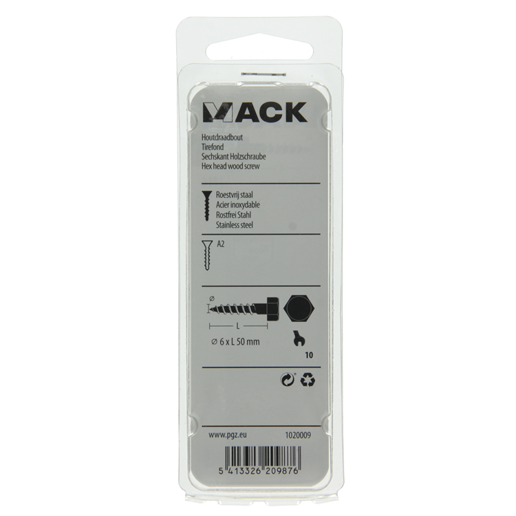 Mack 1020009 - houtdraadbout roestvrijstaal 12 st 6 x 50 mm | 5 stuks