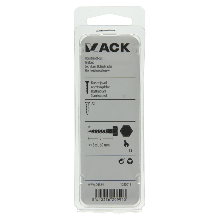 Mack 1020013 - houtdraadbout roestvrijstaal 7 st 8 x 60 mm | 5 stuks