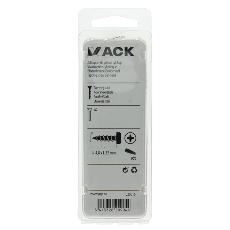 Mack 1020016 - zelftappende schroef cyl.kop a2 20 st 4,8 x 32 mm | 5 stuks