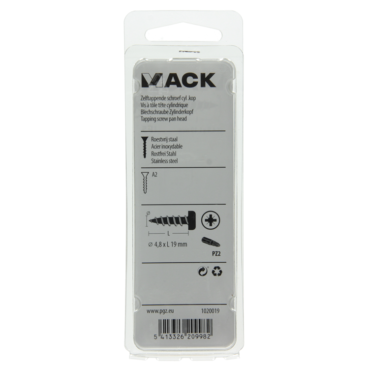 Mack 1020019 - zelftappende schroef cyl.kop a2 30 st 4,8 x 19 mm | 5 stuks