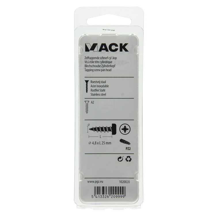 Mack 1020020 - zelftappende schroef cyl.kop a2 25 st 4,8 x 25 mm | 5 stuks