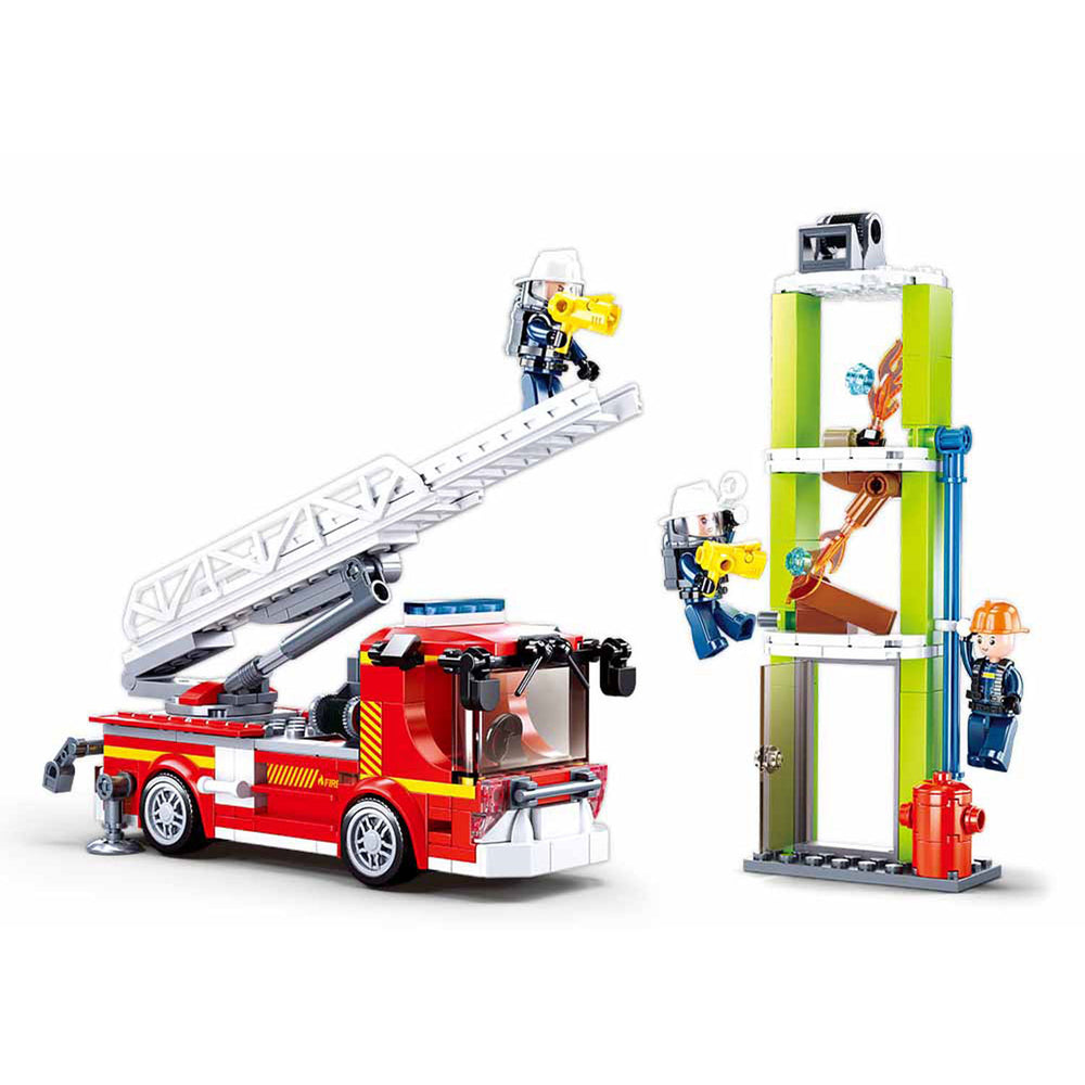 Sluban fire brandweerauto met telescoopladder ladderauto bouwspeelgoed kinderen vanaf 6 jaar – constructiespeelgoed bouwdoos met 343 bouwstenen – m38-b0966