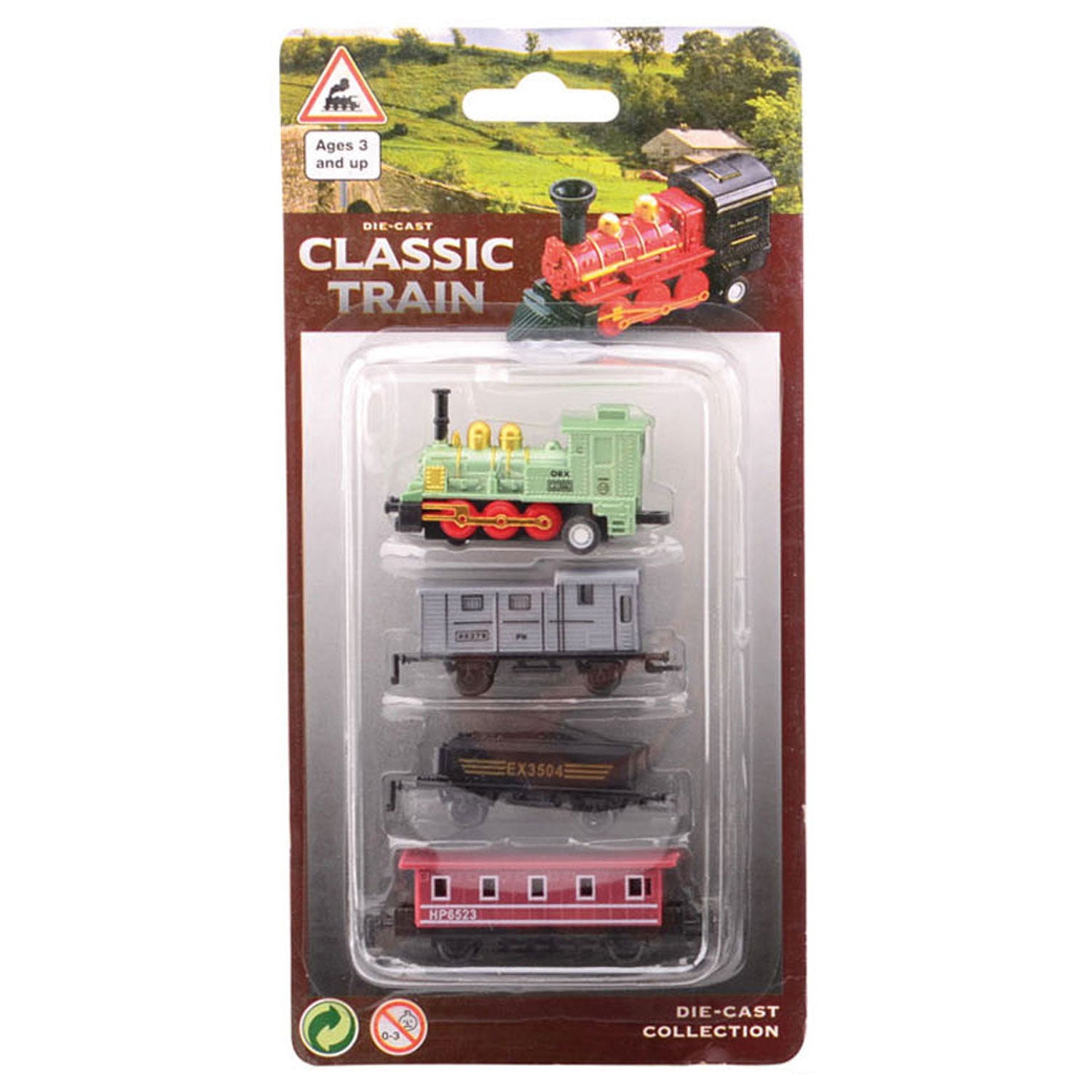 Johntoy diecast locomotief met drie wagons. 3+