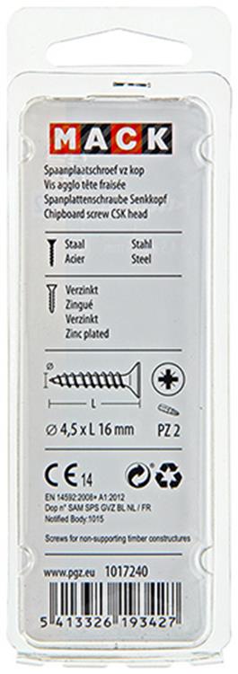 Mack 1017240 - spaanplaatschroef vz kop geelverz.26 st 4,5 x 16 mm | 10 stuks