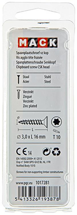 Mack 1017281 - spaanplschr.vzkop-zelfb. geelverz. 50 st 3,0 x 16 mm | 10 stuks