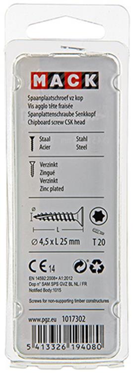 Mack 1017302 - spaanplschr.vzkop-zelfb. geelverz.20 st 4,5 x 25 mm | 10 stuks