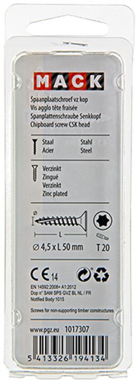 Mack 1017307 - spaanplschr.vzkop-zelfb. geelverz.12 st 4,5 x 50 mm | 10 stuks