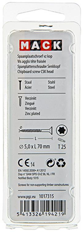 Mack 1017315 - spaanplschr.vzkop-zelfb. geelverz. 7 st 5,0 x 70 mm | 10 stuks