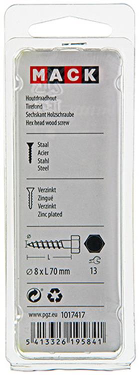 Mack 1017417 - houtdraadbout staal verzinkt 5 st 8 x 70 mm | 5 stuks