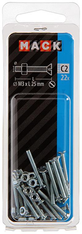 Mack 1017490 - metaalschroef verz. kop + moer verz. 22st m3 x 25 mm | 10 stuks