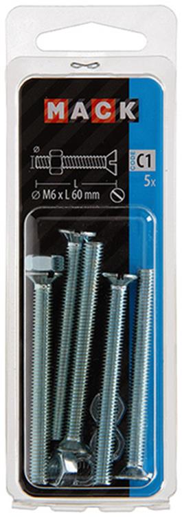 Mack 1017513 - metaalschroef verz. kop + moer verz. 5 st m6 x 60 mm | 10 stuks