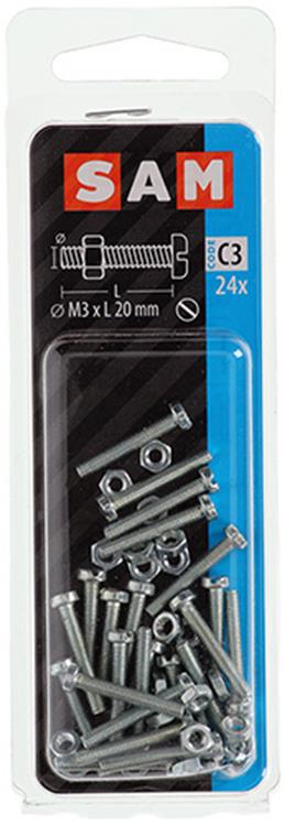 Mack 1017516 - metaalschroef cyl. kop + moer verz. 24 st m3 x 20 mm | 10 stuks