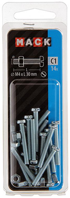 Mack 1017520 - metaalschroef cyl. kop + moer verz. 14 st m4 x 30 mm | 10 stuks