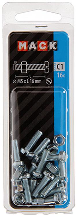 Mack 1017523 - metaalschroef cyl. kop + moer verz. 16 st m5 x 16 mm | 10 stuks