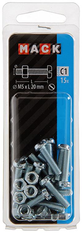 Mack 1017524 - metaalschroef cyl. kop + moer verz. 15 st m5 x 20 mm | 10 stuks