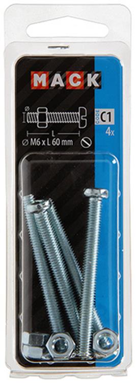 Mack 1017536 - metaalschroef cyl. kop + moer verz. 4 st m6 x 60 mm | 10 stuks
