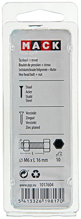 Mack 1017604 - tapbout + moer staal verzinkt 15 st m6 x 16 mm | 10 stuks