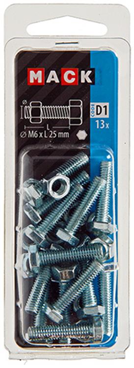 Mack 1017606 - tapbout + moer staal verzinkt 13 st m6 x 25 mm | 10 stuks