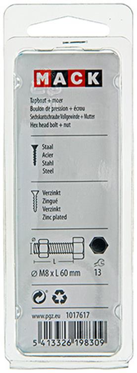 Mack 1017617 - tapbout + moer staal verzinkt 4 st m8 x 60 mm | 10 stuks