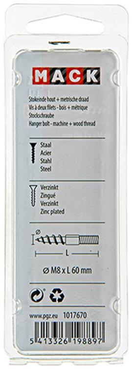 Mack 1017670 - stokeinde hout + metr. draad verz. 4 st m8x60 | 10 stuks