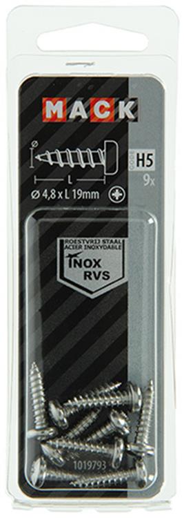 Mack 1019793 - zelftappende schroef cyl.kop a2 9 st 4,8 x 19 mm | 10 stuks
