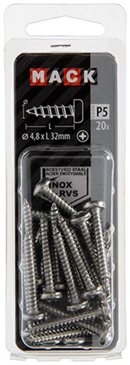 Mack 1020016 - zelftappende schroef cyl.kop a2 20 st 4,8 x 32 mm | 5 stuks