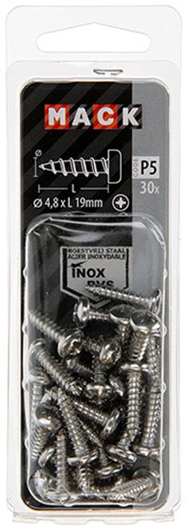 Mack 1020019 - zelftappende schroef cyl.kop a2 30 st 4,8 x 19 mm | 5 stuks