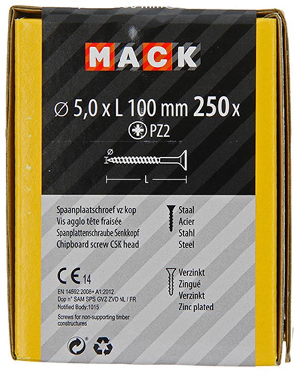Mack 1020273 - spaanplaatschroef vz kop gvz 250 st 5,0 x 100 mm | 1 stuks