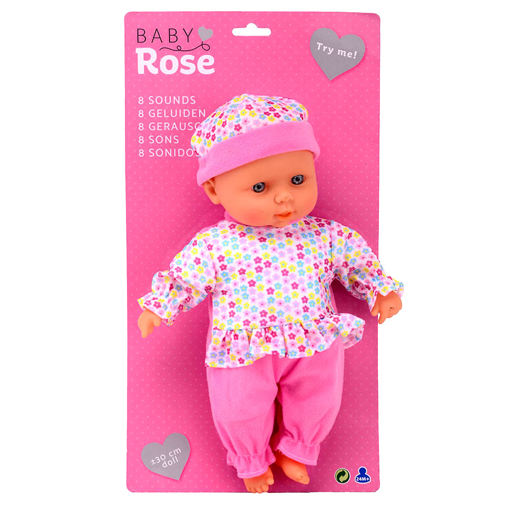 Baby rose babypop met geluiden, 30cm.