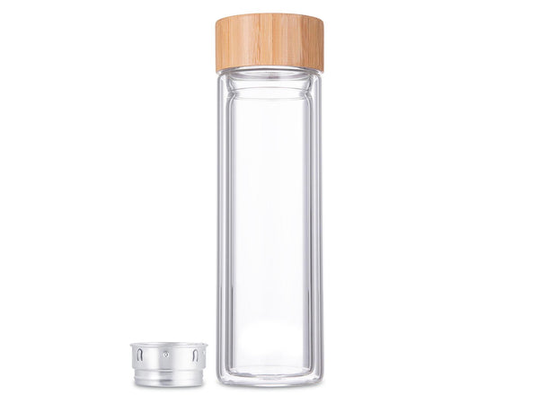 Svenska living dubbelwandige infusiefles drinkfles glas bamboe 400ml met rvs zeef