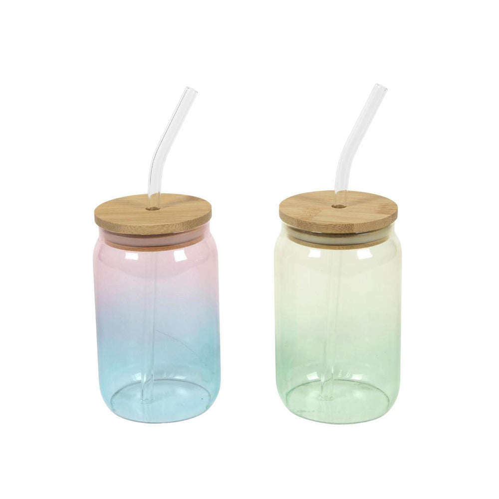 Drinkglas met rietje en bamboe deksel ã˜7,6x13cm 2 assorti groen geel en blauw roze