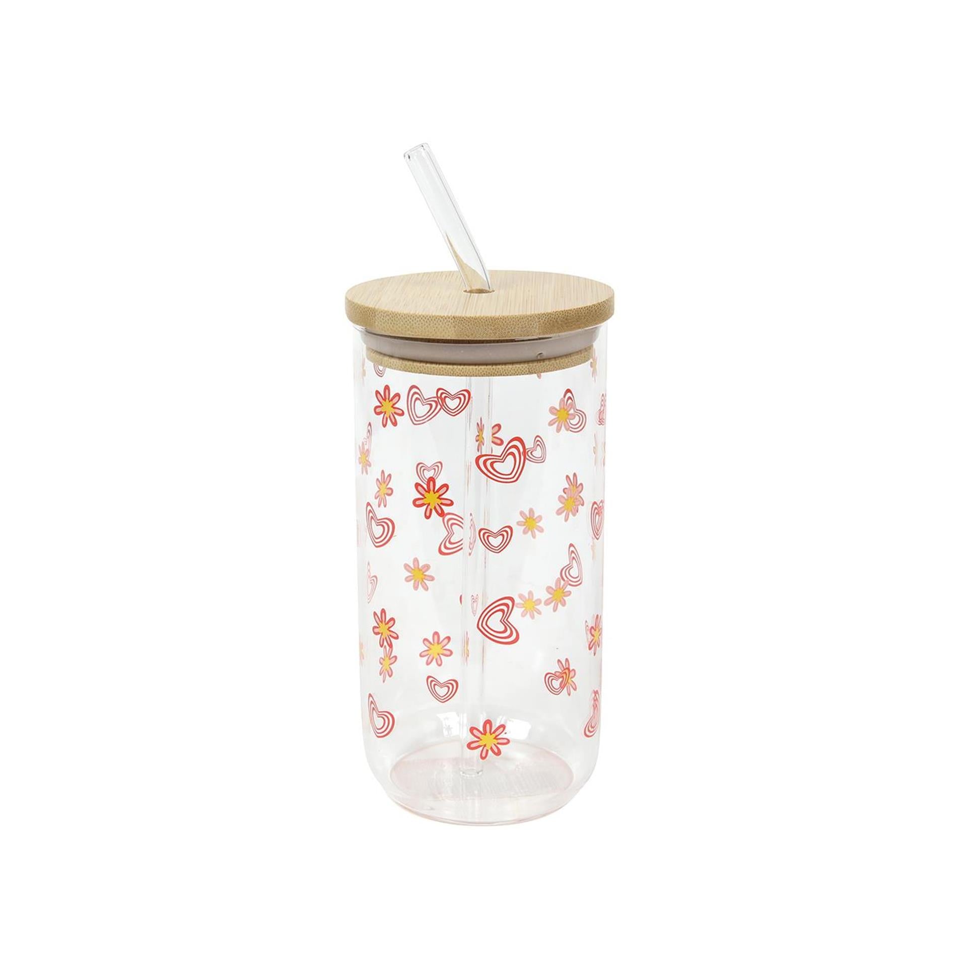 Drinkglas met rietje en bamboe deksel bloemprint 500ml ø7.5x15cm