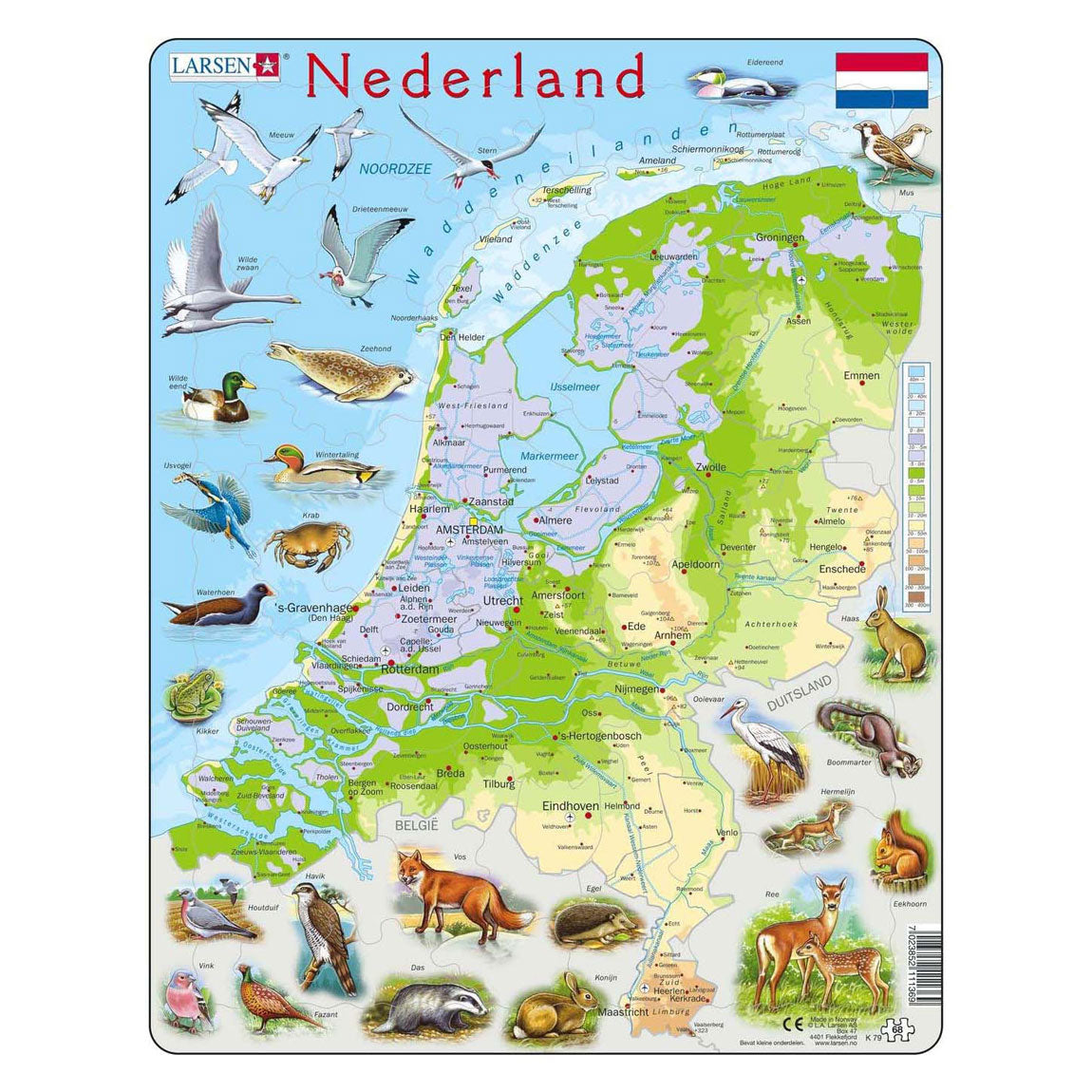 Larsen legpuzzel kaart nederland - geografisch met dieren, 68st.