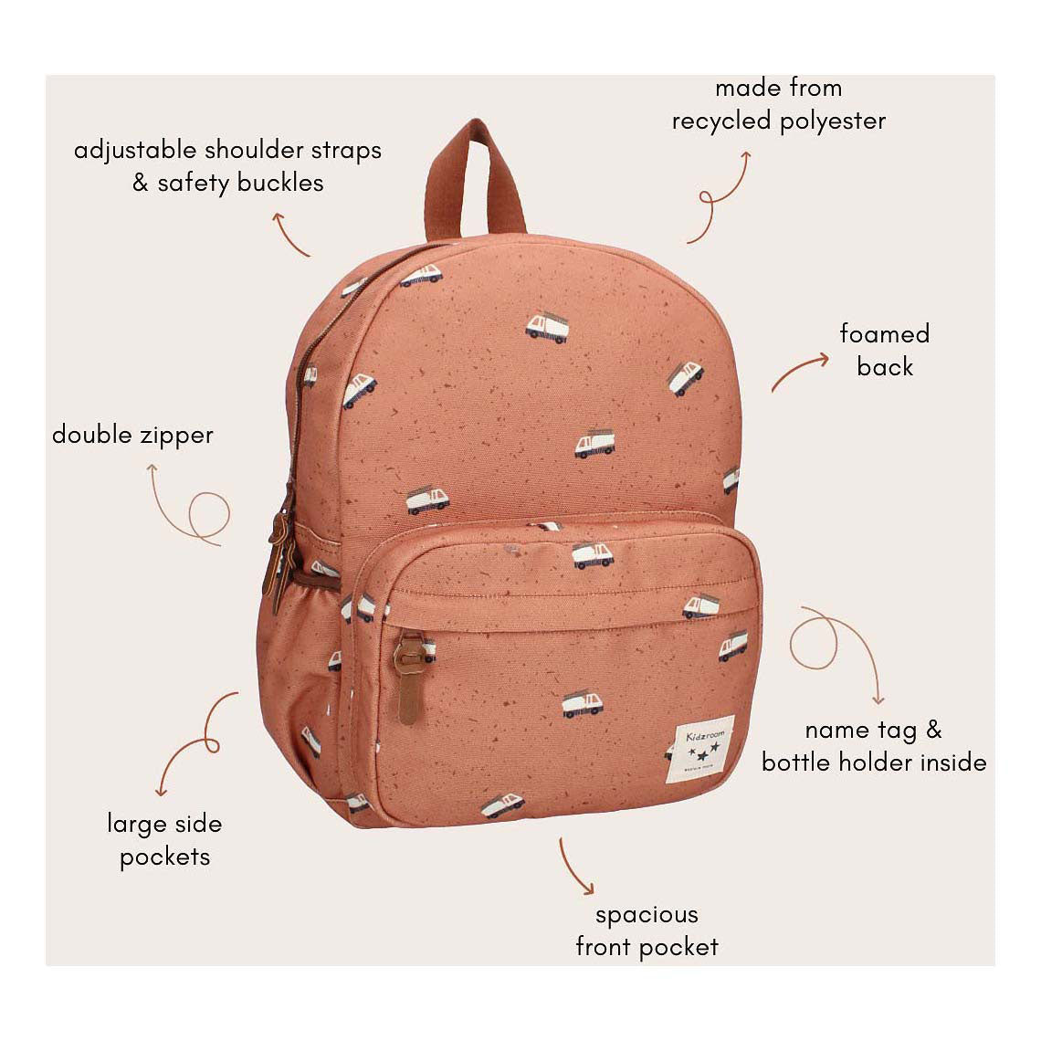 Kidzroom rugzak turin enchanted memories bruin brandweerwagen