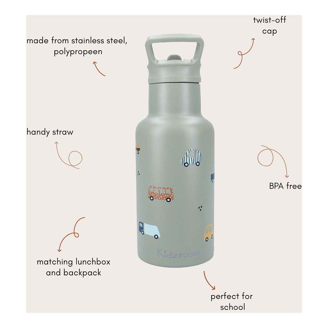 Kidzroom sweet cuddles - schoolbeker en drinkfles - 350ml - stainless steel - auto's - groen
