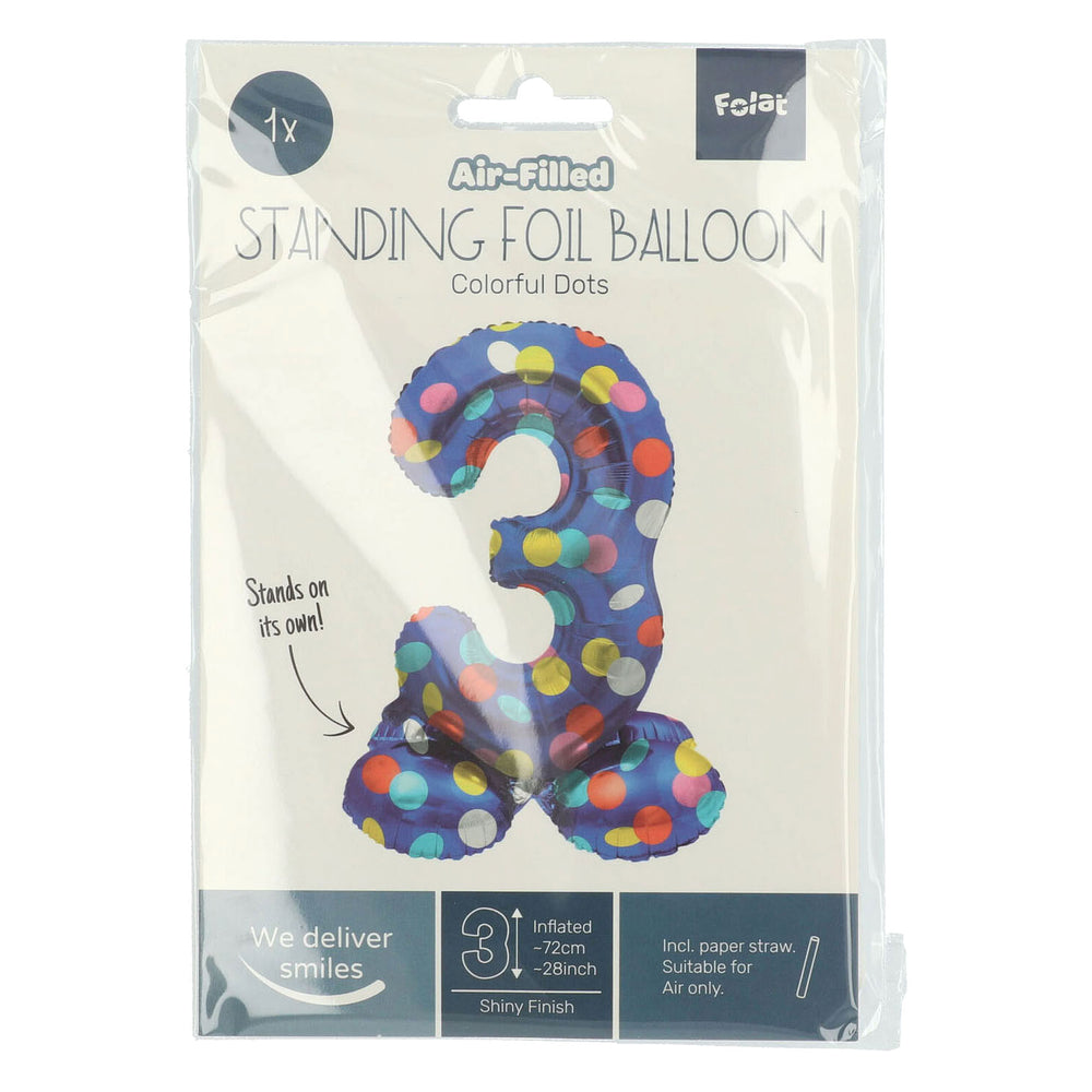 Folat bv staande folieballon colorful dots cijfer 3 - 72cm